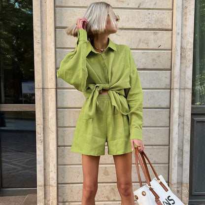 2025 Popular,   New new summer green temperament commuting loose casual fashion shorts long-sleeved suit women