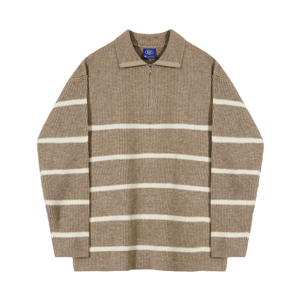 saferido      -shop black men fashion urban Japanese Style Lapel Sweater Men's Autumn Korean Style Trendy Lazy Style Versatile Striped Pullover Half Zipper Knitted Coat Trendy