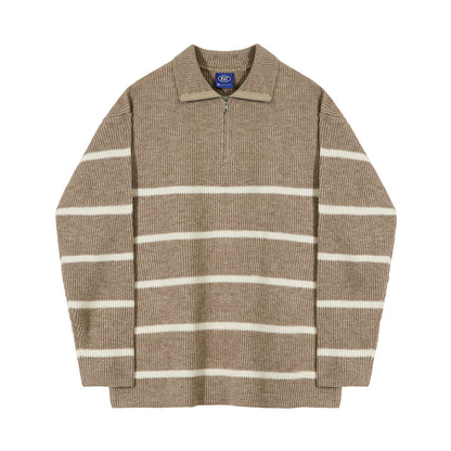 saferido      -shop black men fashion urban Japanese Style Lapel Sweater Men's Autumn Korean Style Trendy Lazy Style Versatile Striped Pullover Half Zipper Knitted Coat Trendy