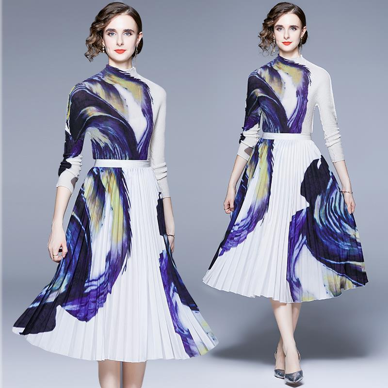 Popularan Station Folded Suit Women's Autumn  Light Mature Royal Sister Style T-shirt Skirt Two-piece Set