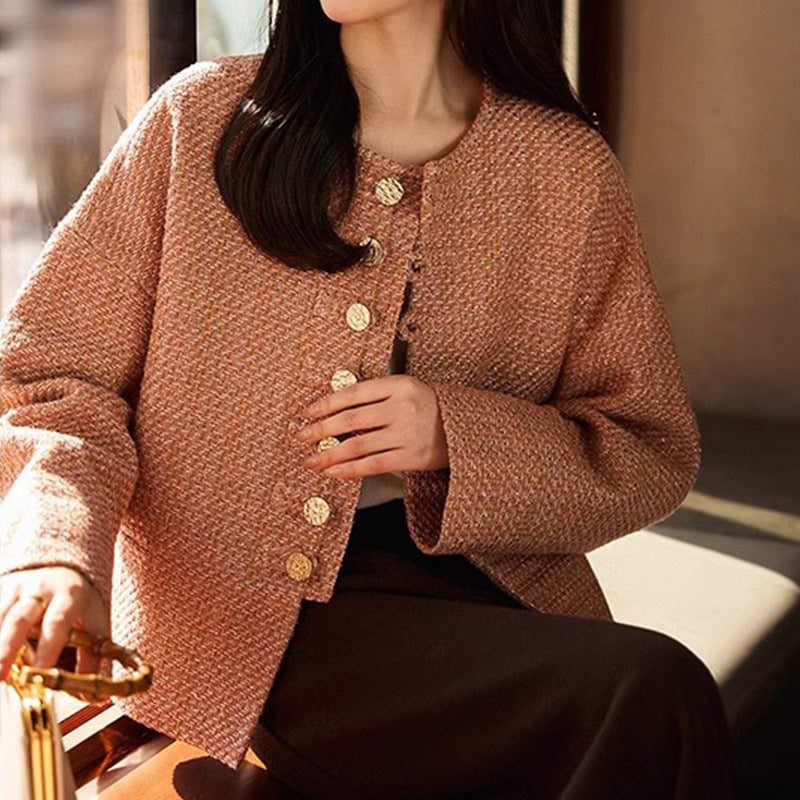 2025 Glazed pink gold new Chinese style, small fragrant wind coarse flower short coat, national style women's clothing  spring women's top short