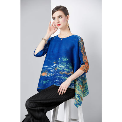 Pleated Popularan, n style, Popular style, advanced sense, loose elastic pleated printed top, seven-quarter sleeve crew neck, new summer models