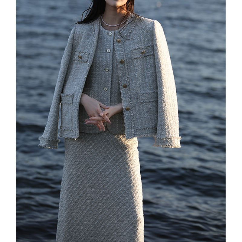 2025 Heavy industry weaving, wool small fragrant style suit, high-end coat, skirt, long skirt  spring and autumn new women's clothing