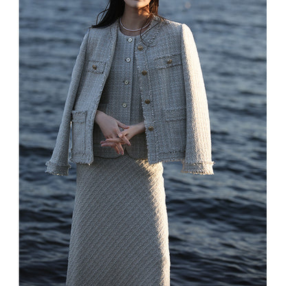 2025 Heavy industry weaving, wool small fragrant style suit, high-end coat, skirt, long skirt  spring and autumn new women's clothing