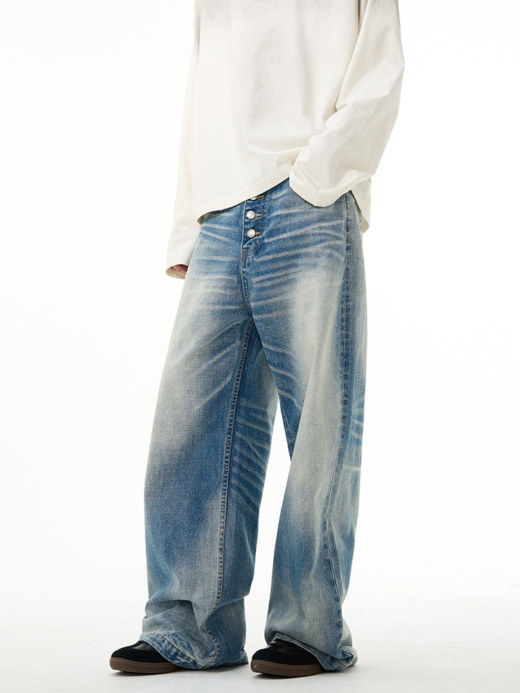 American high street retro jeans men's spring new loose straight high-end wide-leg pants handsome pants couple