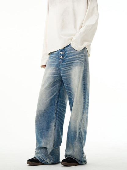 American high street retro jeans men's spring new loose straight high-end wide-leg pants handsome pants couple