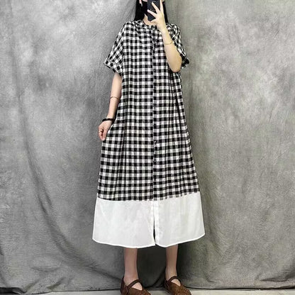 Plaid crew neck splicing dress  summer new design sense casual sense Japanese style wear women
