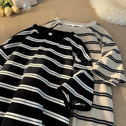 saferido      -shop 90s streetwear Japanese Striped Short-Sleeved T-shirt Men's Summer Loose Casual Retro Niche Versatile Cotton round Neck Bottoming T-shirt