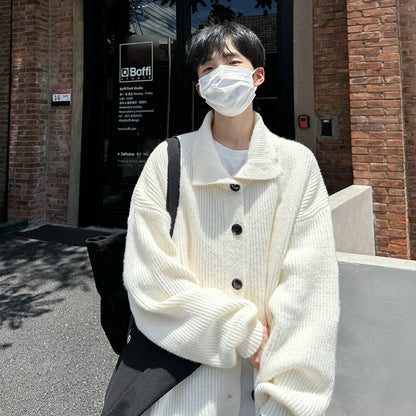 saferido winter outfits men Retro Simple Cardigan Sweater American Lazy Style Knitwear Autumn Long Sleeve Half Turtleneck Hy615tp60 White