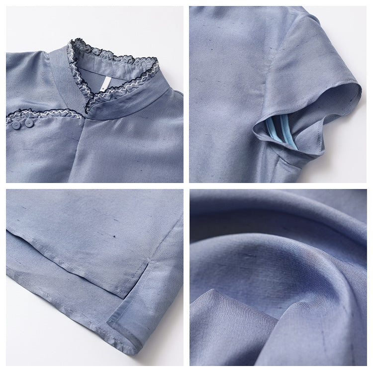 New Chinese style mulberry silk high-end shirt women's summer new chic diagonal placket buckle lace top N4002