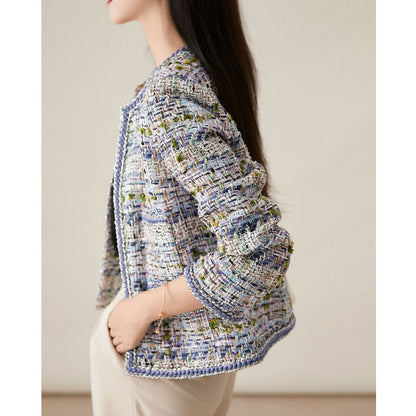 2025 Silver trimmed tweed, high-end Xiaoxiangfeng jacket, short spring and autumn women's white temperament autumn top