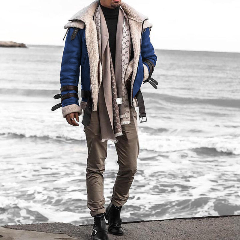 2025 supply   lamb wool lapel zipper PU fur integrated coat loose casual men's jacket