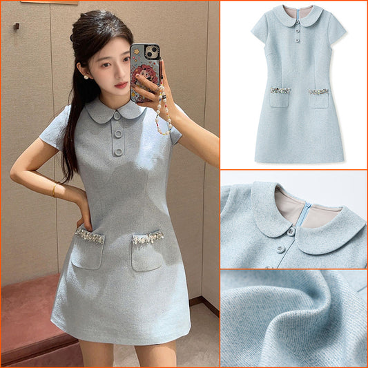 spring new small fragrant style lapel slim and thin small high-end age-reducing short-sleeved dress MZ038