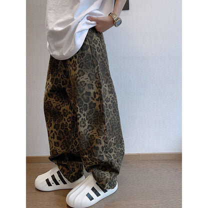autumn and winter new American retro design niche workwear leopard print loose casual versatile pants men INS