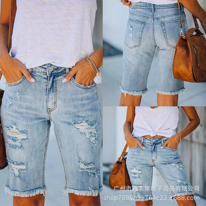 2025 summer new New  denim ripped five-point pants wish fashion rough edge fringed jeans women