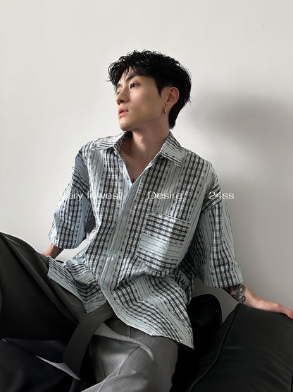 Small gender-free plaid patchwork striped short-sleeved shirt spring and summer new washed raw edge shirt top