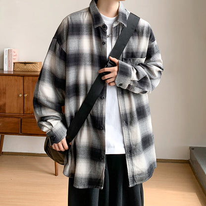 saferido      -shop black men fashion urban Spring and Autumn Flannel Cotton Plaid Long-Sleeved Shirt Men's Japanese Wear Loose plus Size All-Match Top Coat