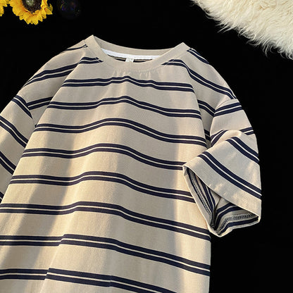 saferido      -shop 90s streetwear Japanese Striped Short-Sleeved T-shirt Men's Summer Loose Casual Retro Niche Versatile Cotton round Neck Bottoming T-shirt