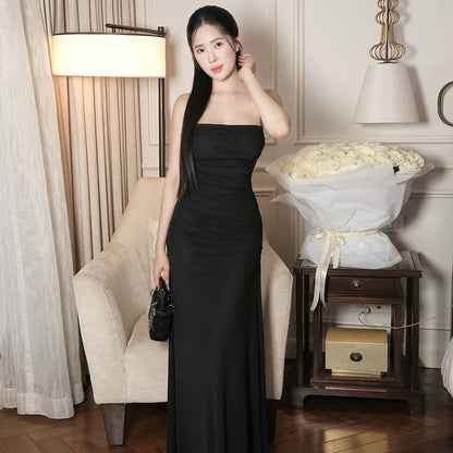 Cross-border 2025 style 2025 spring new women's clothing elegant temperament simple pleated design perspective mesh dress