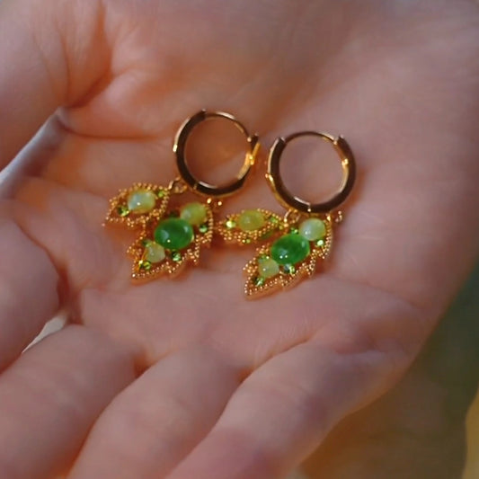 Chinese style temperament white green leaf ear buckle exquisite versatile high sense green earrings golden branches jade leaf earrings