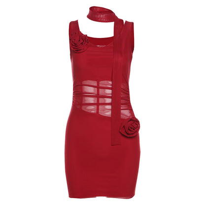 2025 style popular summer new women's clothing solid color slim-fitting high-waisted fashion V-neck suspender gauze dress