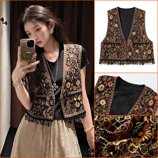 National style high-end retro style sleeveless temperament vest  summer new Chinese embroidered fringed short vest N4078