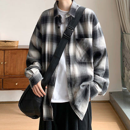 saferido      -shop black men fashion urban Spring and Autumn Flannel Cotton Plaid Long-Sleeved Shirt Men's Japanese Wear Loose plus Size All-Match Top Coat