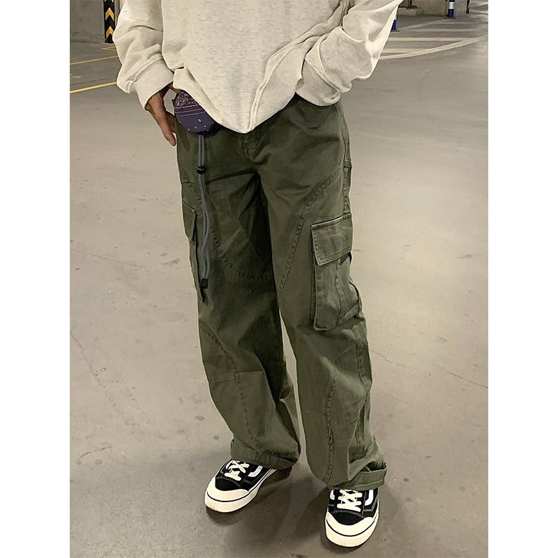 saferido fall outfits men Retro Men's and Women's Pocket Trendy Casual Pants Trousers Loose American Straight High Street Overalls Pants