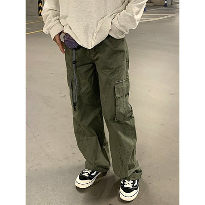 saferido fall outfits men Retro Men's and Women's Pocket Trendy Casual Pants Trousers Loose American Straight High Street Overalls Pants