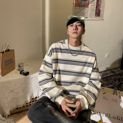 saferido      -shop masc outfits Spring and Autumn Contrast Color Striped Shirt Men's Loose Clothes Pullover Casual round Neck Sweater Coat