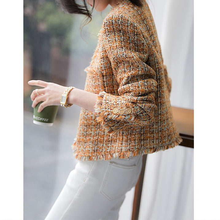 2025 Heavy sense of high-end, small fragrant coat, textured round neck rough edge tweed spring and autumn  spring short women's clothing