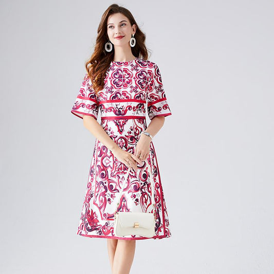 Summer 2025 retro court style temperament short-sleeved round neck waist thin medium and long celadon printed hip-wrapped dress