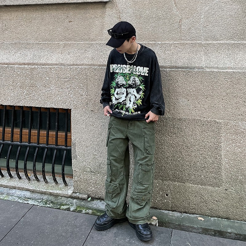 saferido outfits for men American Vibe Style Street Multi-Pocket Workwear Casual Pants Men's Ins Loose Straight High Street Retro Trousers