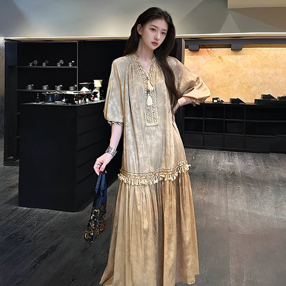 National style retro ethnic style design long dress  summer webbing drawstring high-end light luxury dress women N4080