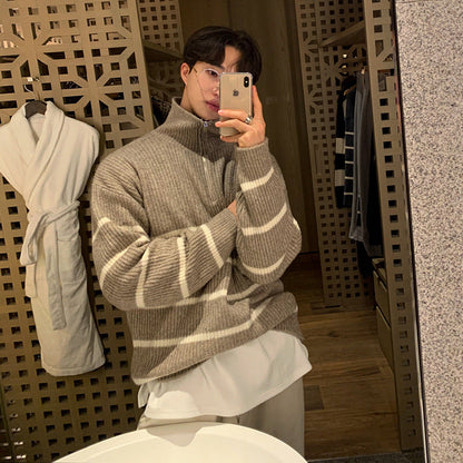 saferido      -shop black men fashion urban Japanese Style Lapel Sweater Men's Autumn Korean Style Trendy Lazy Style Versatile Striped Pullover Half Zipper Knitted Coat Trendy