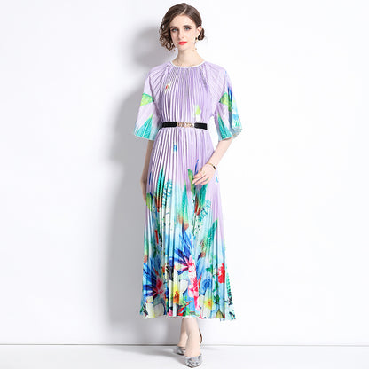 popular new literary and artistic style niche high-end positioning printing Miyake middle-sleeved crew neck dress