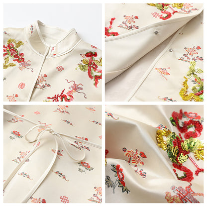 New Chinese style light luxury stand-up collar bead embroidery sleeveless sequins loose shirt vest long skirt set MZ055