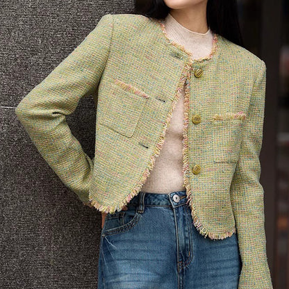 2025 Rough tweed high-end small fragrant short coat green  spring new women's temperament versatile top