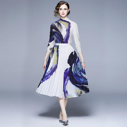 Popularan Station Folded Suit Women's Autumn  Light Mature Royal Sister Style T-shirt Skirt Two-piece Set