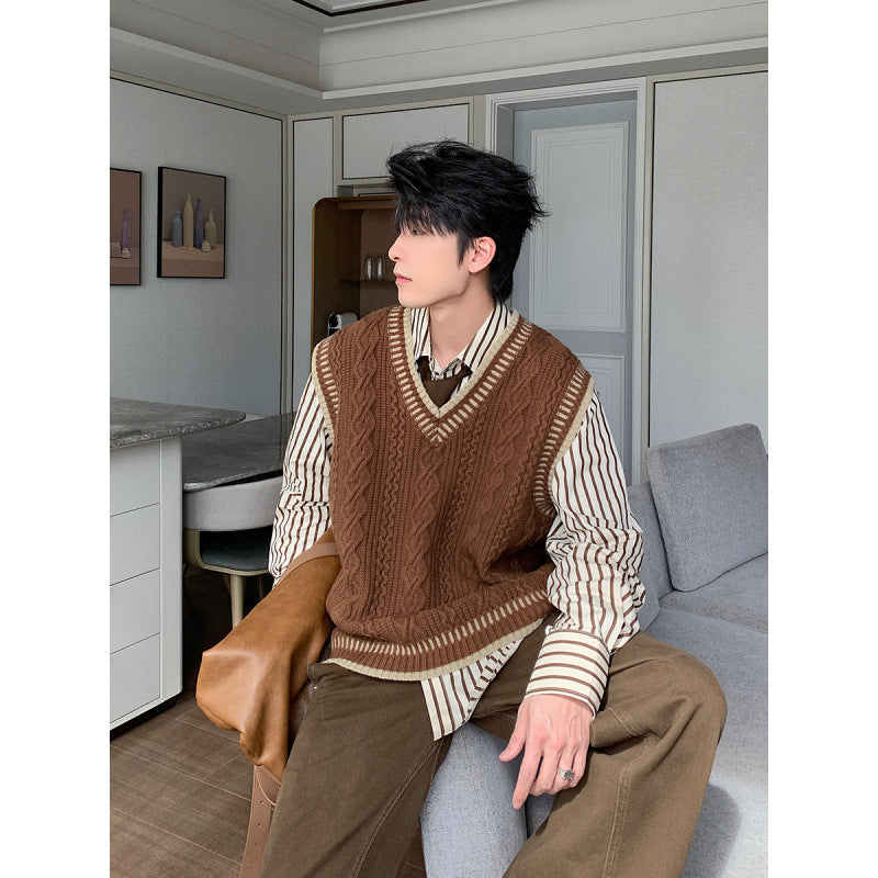 saferido      -shop mens fashion Shanlitadi Autumn and Winter College Style Twist Sweater Men's Casual V-neck Vest Sweater Korean Style Loose Waistcoat Top