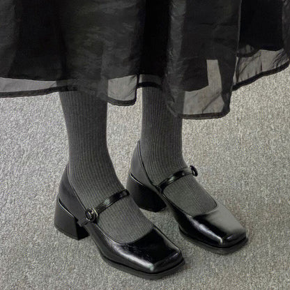 2025 High Heel Mary Jane Shoes Thick Heel Versatile Square Head One-word Buckle  Hepburn Style Small Leather Shoes