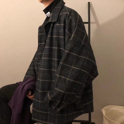saferido      -shop mens fashion Autumn and Winter Woolen Plaid Jacket Men's Loose Korean Chic Retro Hong Kong Style Trendy Casual All-Matching Top Jacket