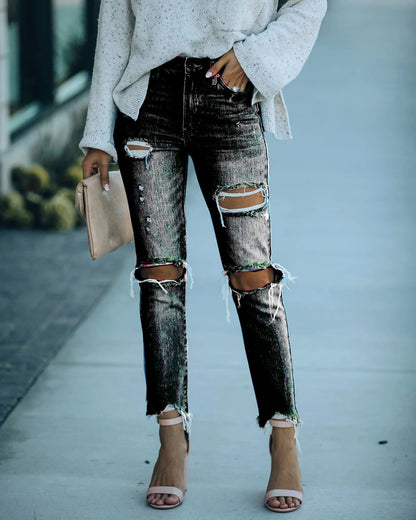 2025 Spot  New  women's jeans straight pants washed ripped rough edge casual trousers jeans women