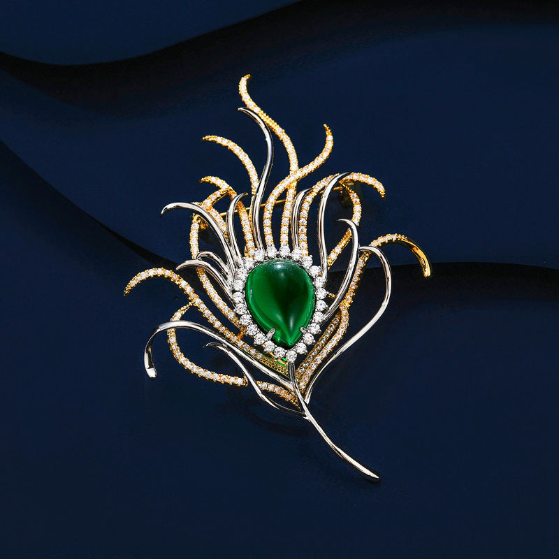 2025 Elegant atmosphere fashion coat coat corsage female emerald two-color electroplated zircon inlaid peacock feather brooch