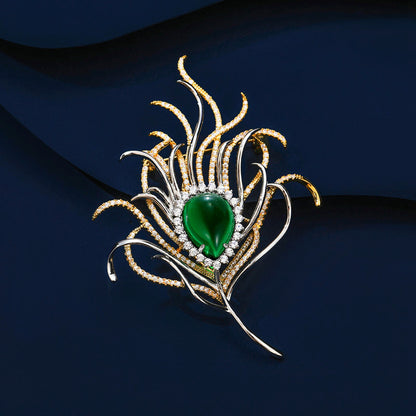 2025 Elegant atmosphere fashion coat coat corsage female emerald two-color electroplated zircon inlaid peacock feather brooch