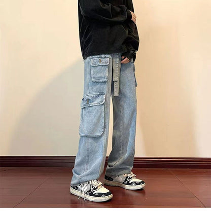 saferido streetwear men outfits Hong Kong Style Functional Multi-Pocket Overalls Men's American Casual Ins High Street Spring and Autumn Boys Wide Leg Denim