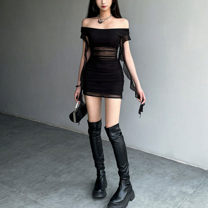 2025 style 2025 spring new women's clothing elegant temperament slim-fitting one-word collar solid color hip-wrapped dress