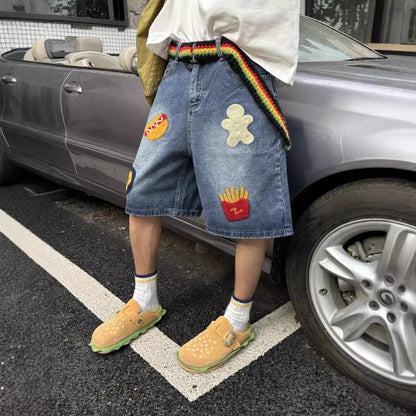 saferido 90s streetwear American Retro Creative French Fries Hot Dog Towel Embroidered Denim Shorts Men's and Women's High Street Straight Loose Wide-Leg Shorts