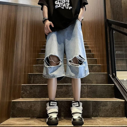 saferido skater boy outfits Summer Fashion Brand Thin Knee Ripped Jeans Men's American-Style Loose Straight Wide-Leg Pants Trendy Shorts