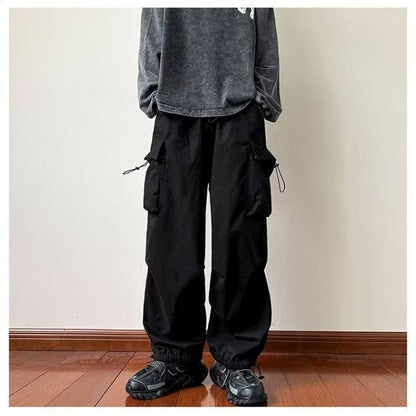 saferido boy outfits Japanese Harajuku Style American Style Wide Leg High Street Multi-Pocket Drawstring Casual Pants Loose Oversize Overalls
